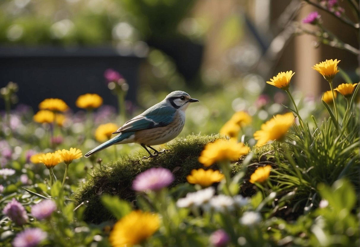 A sunny spring day in Ireland, with colorful flowers blooming and birds chirping. Garden tools scattered around, ready for a clean-up