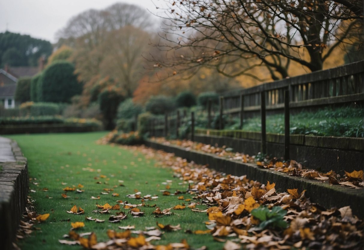 The garden is filled with fallen leaves and dead plants, indicating the need for clean-up. It is late autumn in Ireland, with a cool breeze and overcast sky