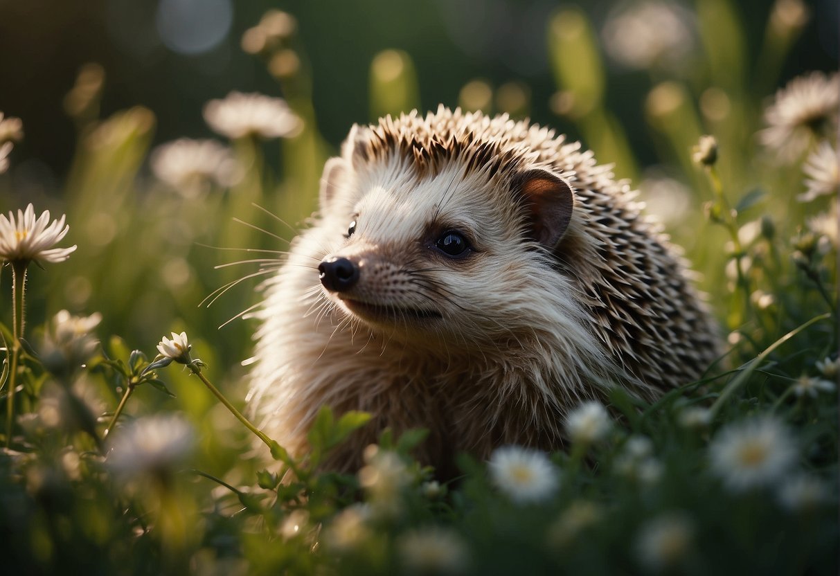 A hedgehog snuffles through a lush garden, surrounded by blooming flowers and tall grass