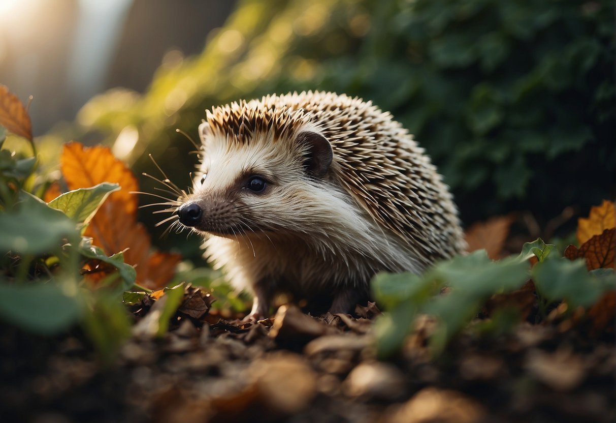 A hedgehog explores a garden, sniffing and foraging for food among the plants and fallen leaves