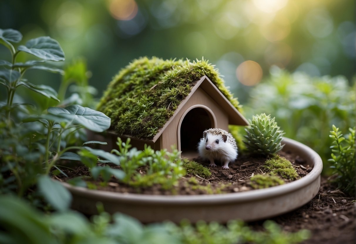 A garden with a small hedgehog house, shallow dish of water, and plenty of leafy hiding spots