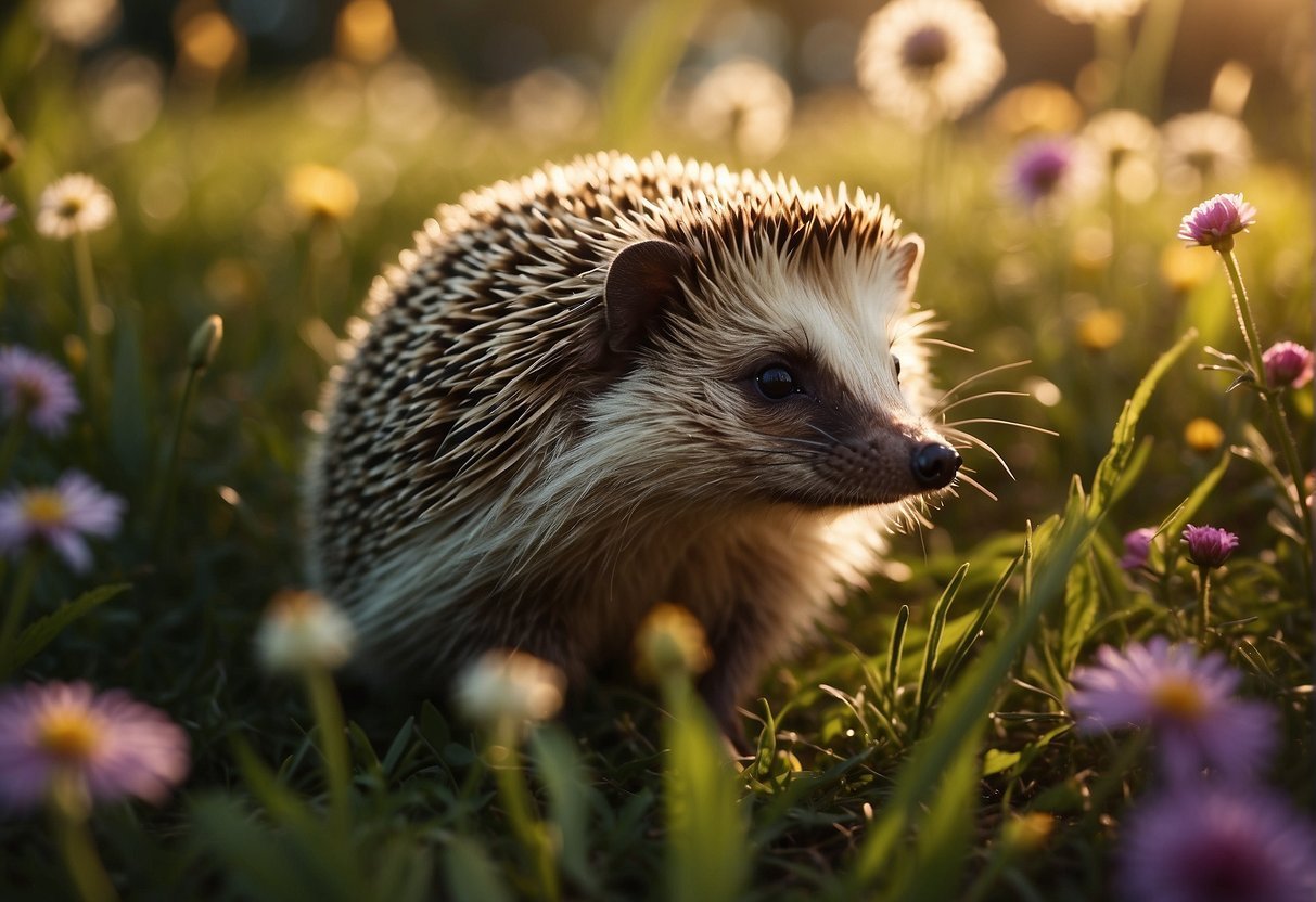 A hedgehog wanders through a lush garden, surrounded by vibrant flowers and tall grass. The sun casts a warm glow on the scene, highlighting the hedgehog's spiky silhouette