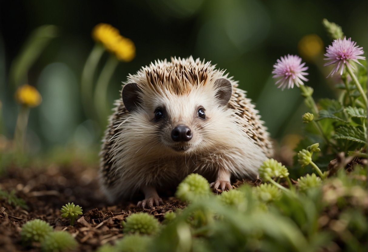 A hedgehog explores a garden, sniffing at plants and insects. Text reads "Fun Hedgehog Facts and Misconceptions" above