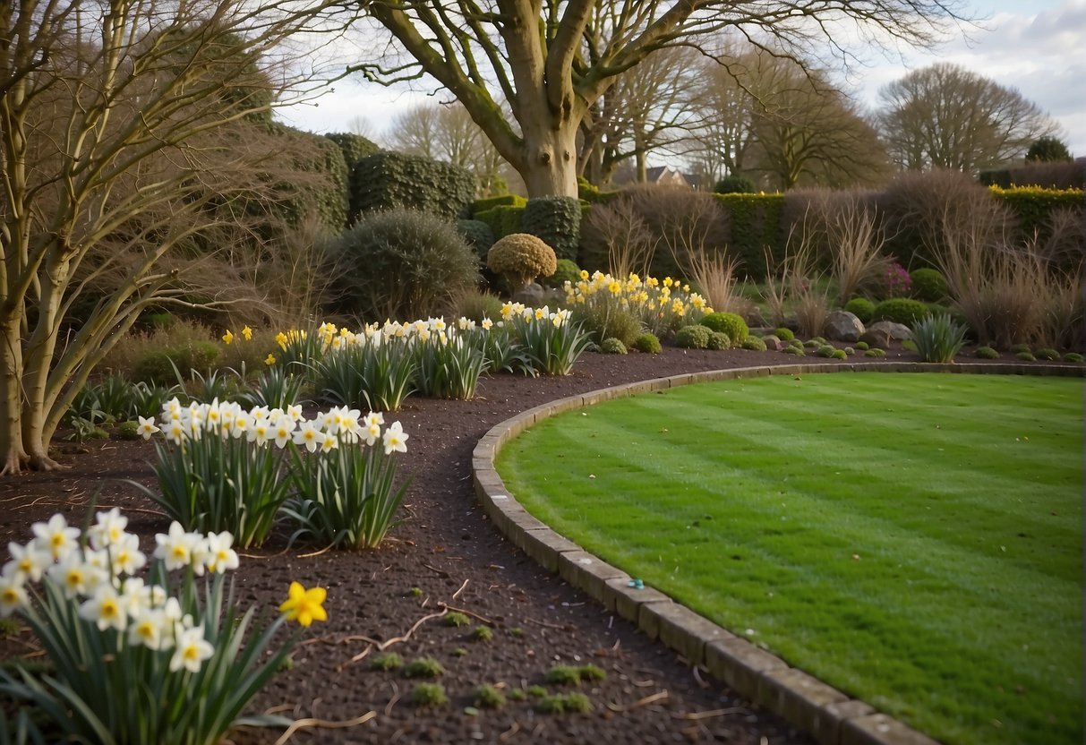 A garden in Ireland in early spring, with remnants of winter debris being cleared away. Daffodils and crocuses are beginning to bloom, and the grass is being trimmed